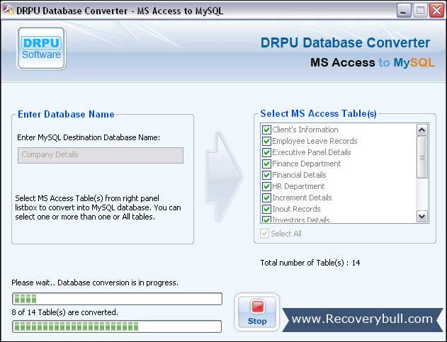 Screenshot of Access Database to MySQL Conversion Tool