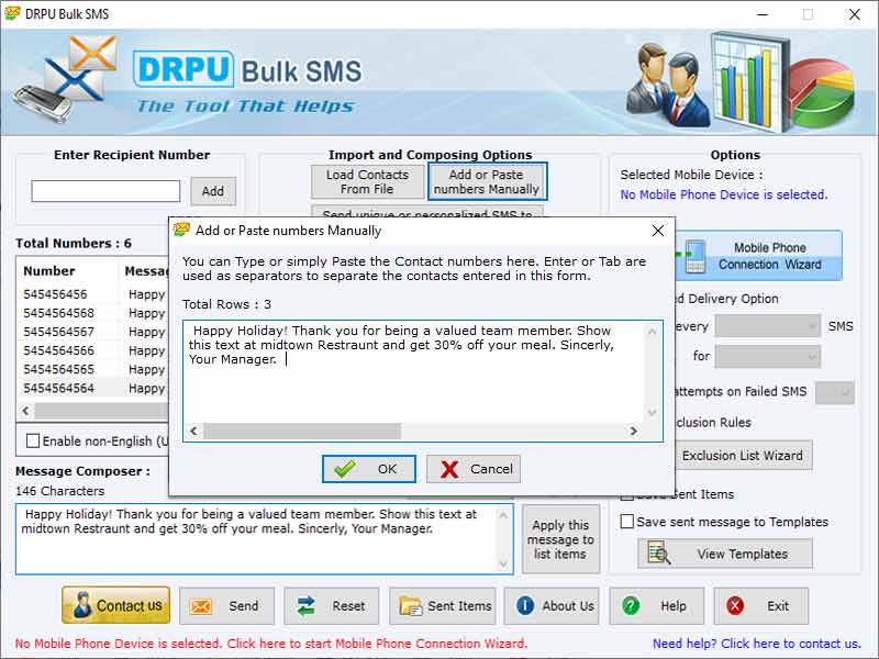 PDA mobile text messaging software sends unlimited bulk SMS to all mobile phones