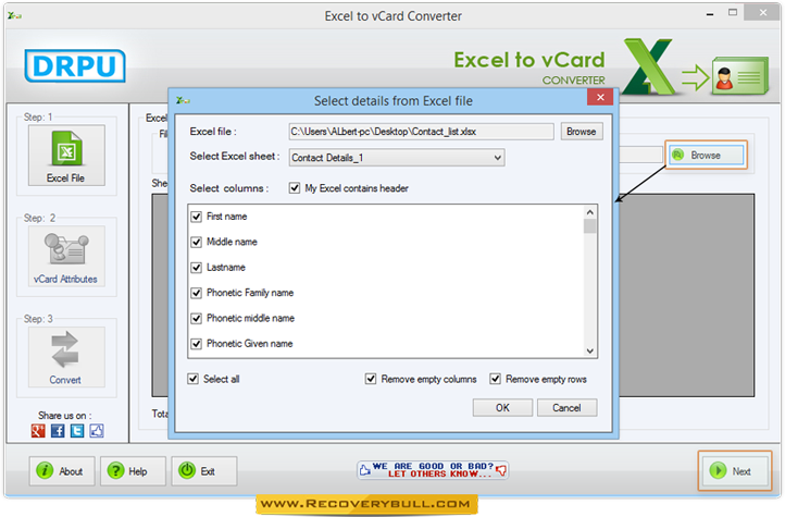 Select Excel File Excel to vCard Converter