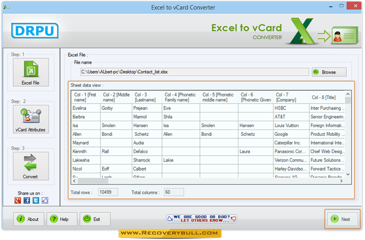 Excel Sheet with Data View Excel to vCard Converter