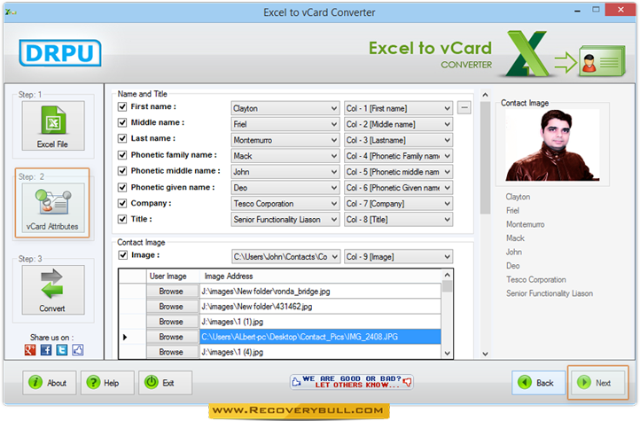 vCard Attributes Excel to vCard Converter