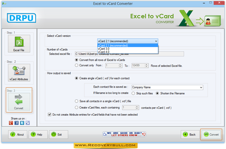 Select vCard version Excel to vCard Converter