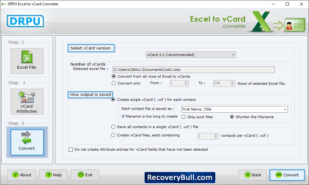Select vCard version Excel to vCard Converter