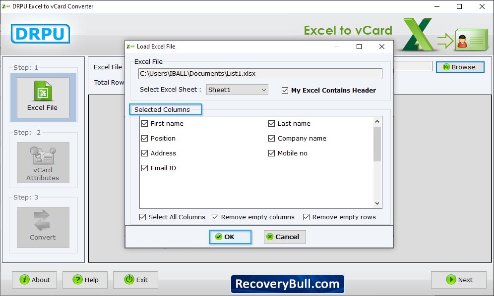vCard Attributes Excel to vCard Converter