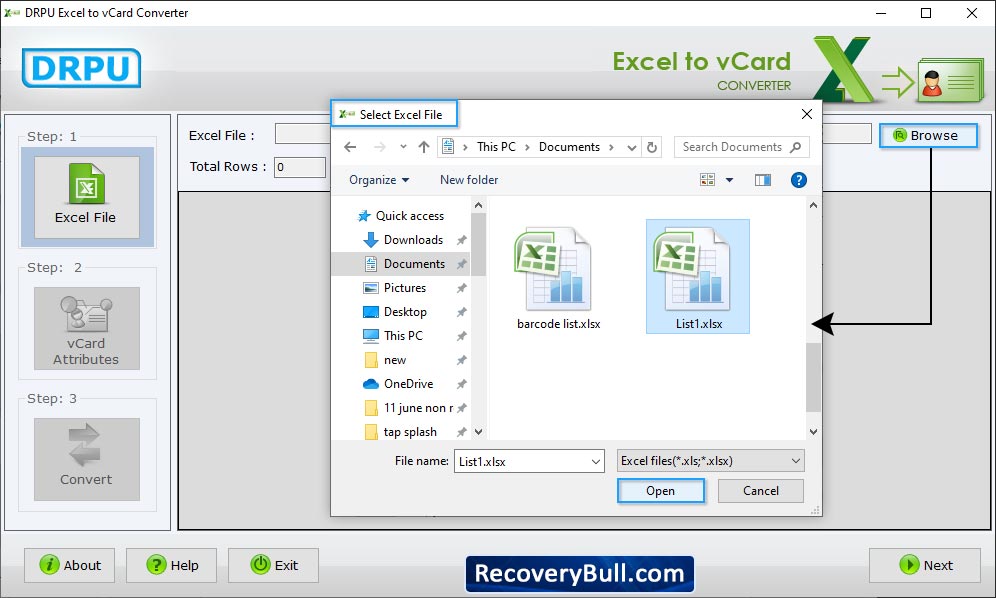 Select Excel File Excel to vCard Converter