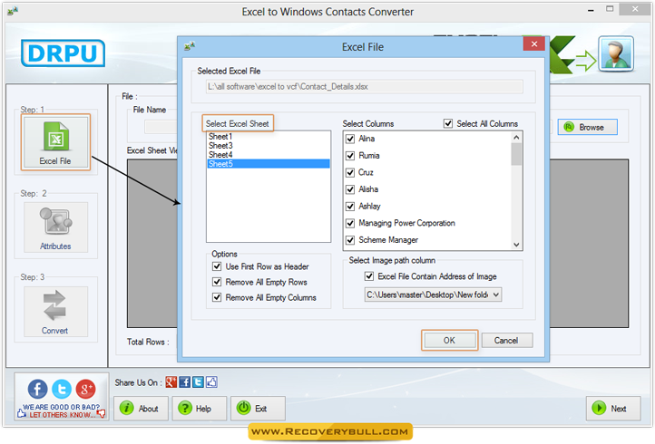 Select Excel File Excel to Windows Contacts Converter