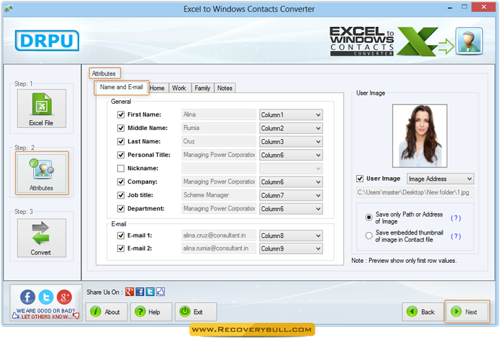 Select Attributes Excel to Windows Contacts Converter