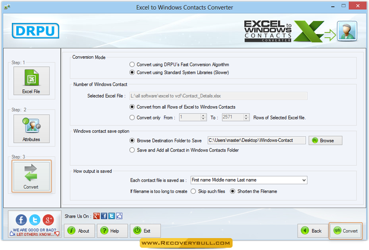 Select Conversion Mode Excel to Windows Contacts Converter