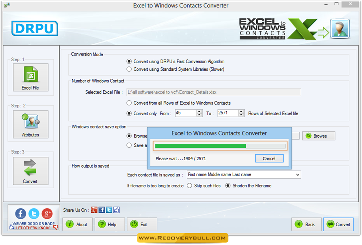 Conversion Process Excel to Windows Contacts Converter
