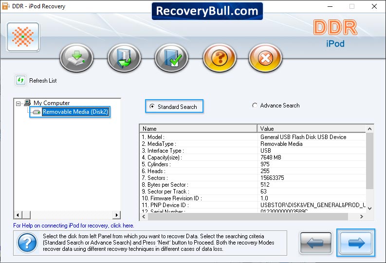 Standard Search or Advance Search iPod Data Recovery Software