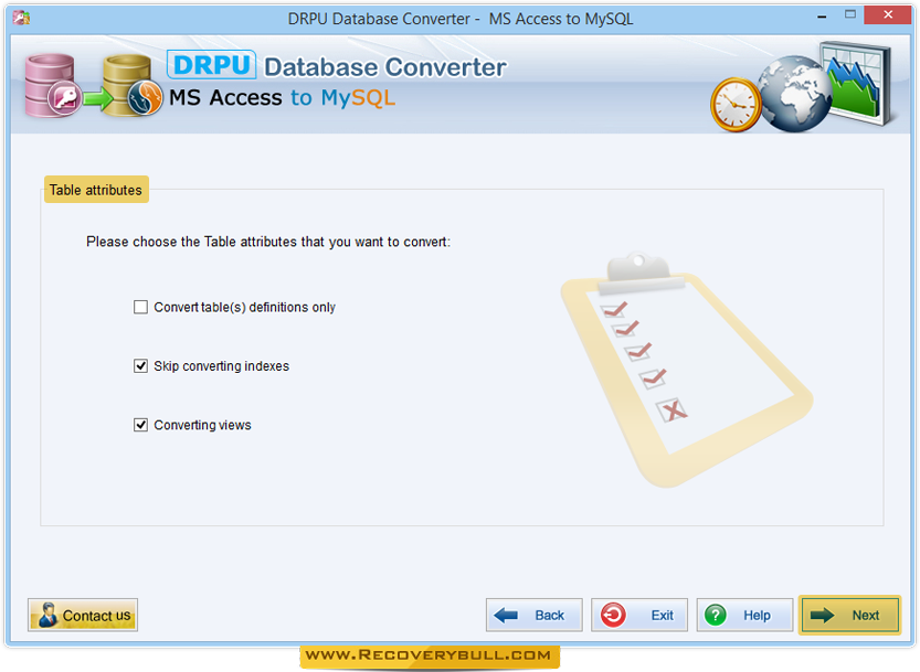 Choose Table attributes MS Access to MySQL Database Converter