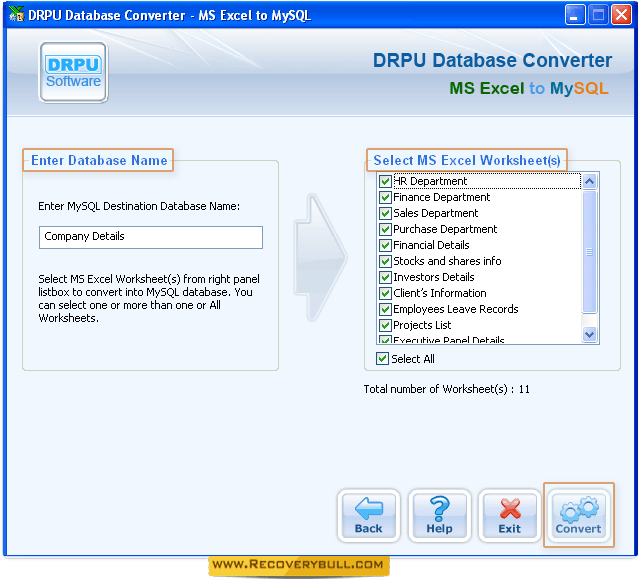 Select MS Excel worksheet(s) MS Excel to MySQL Database Converter