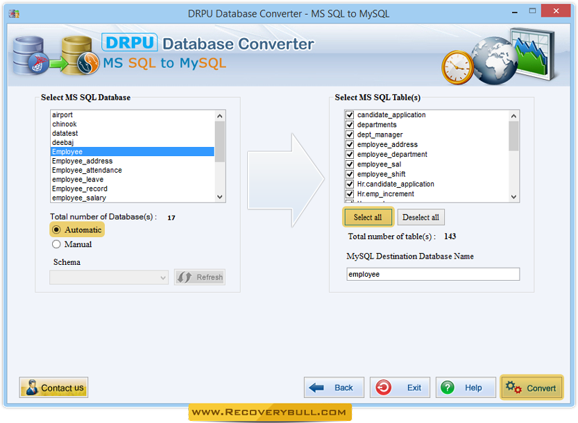 Select MS SQL database and table(s) MSSQL to MySQL Database Converter Software
