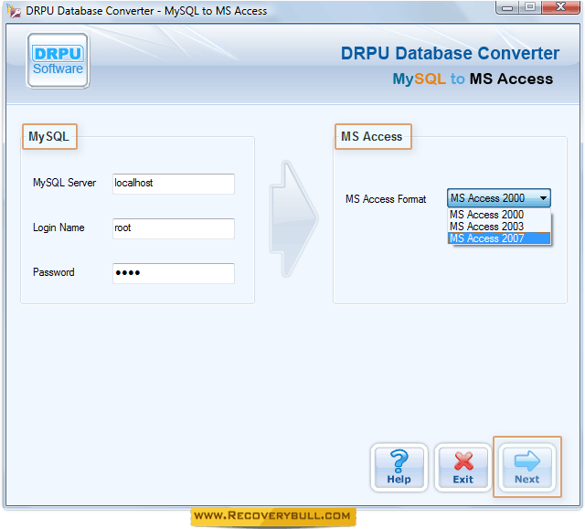 Select MS Access Format MySQL to MS Access Database Converter