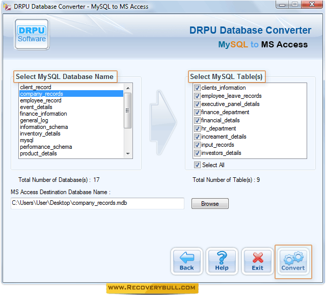 Browse MS Access Destination Database Name MySQL to MS Access Database Converter