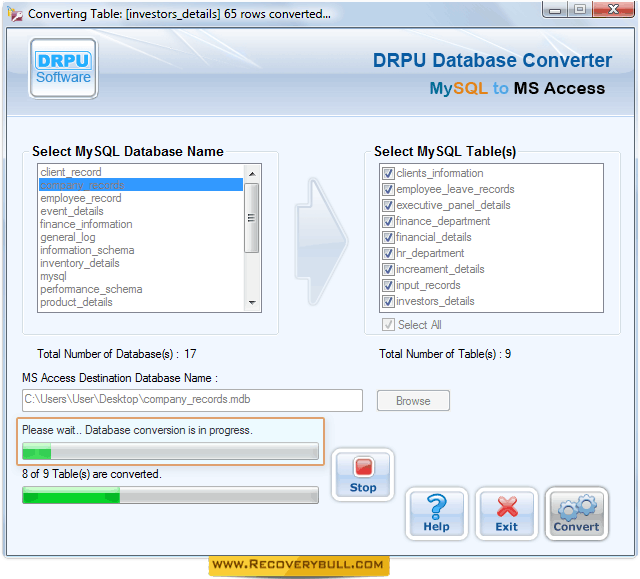 MySQL to MS Access Database Converter Screenshots