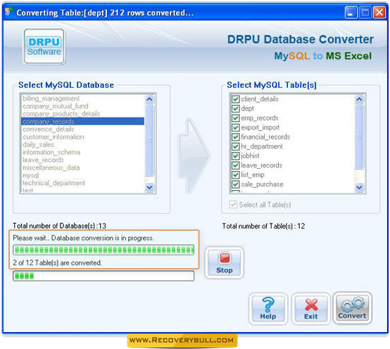 MySQL to MS Excel Database Converter Screenshots