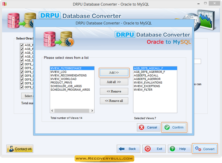 Select Views Oracle to MySQL Database Converter