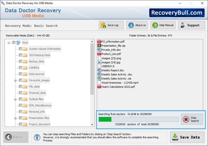 searching process USB Digital Media Data Recovery Software