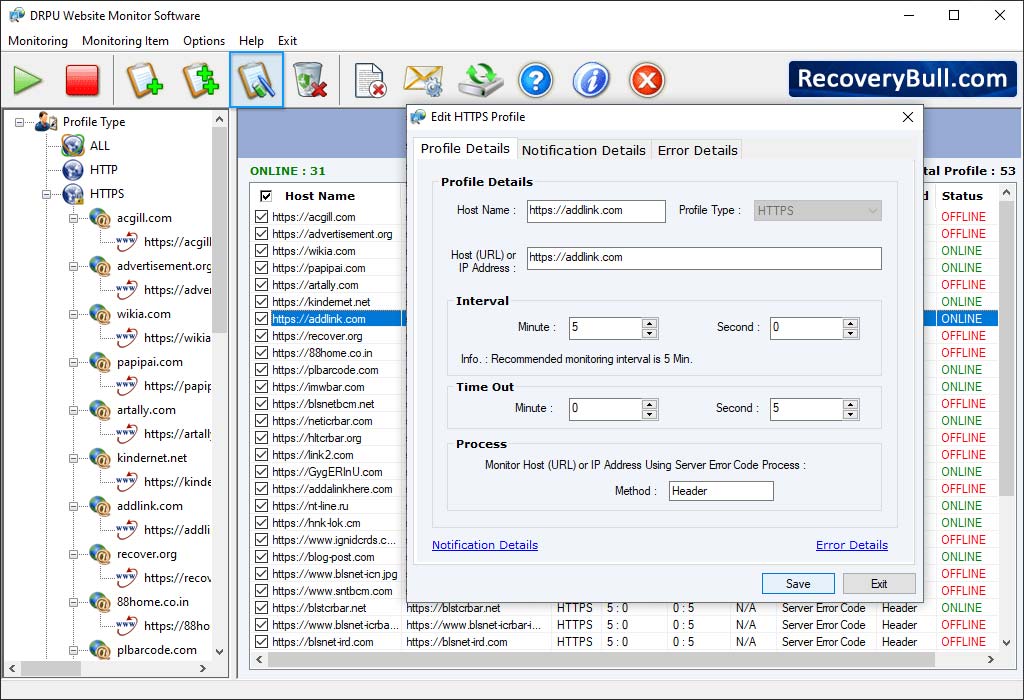 Select Profile Type Website Monitoring Utility Screenshots